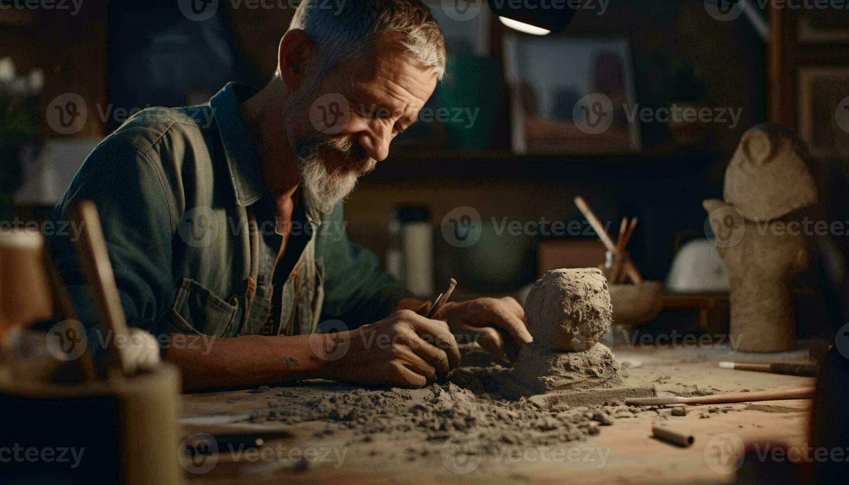 uma homem escultura uma vaso Fora do argila ai gerado foto