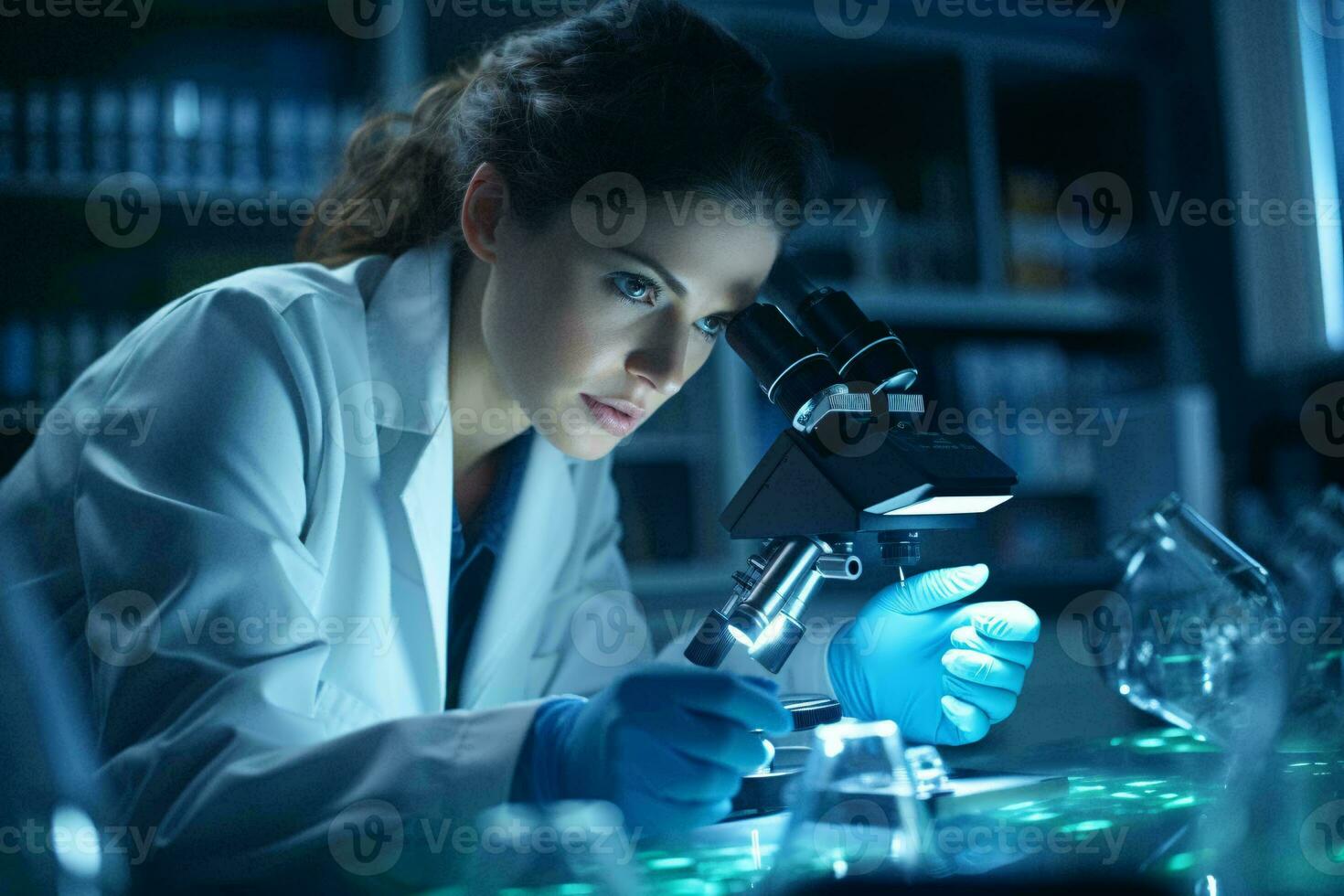 uma mulher dentro uma laboratório casaco examinando uma espécime através uma microscópio ai gerado foto