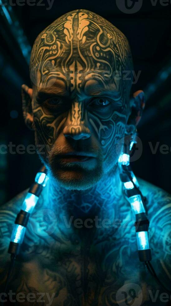 uma homem com vibrante face tatuagens e brilhando luzes iluminador dele características ai gerado foto