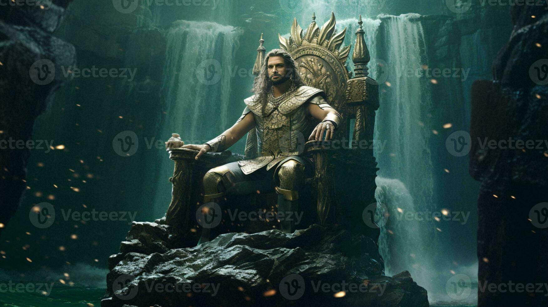 uma homem sentado em uma trono dentro frente do uma majestoso cascata ai gerado foto