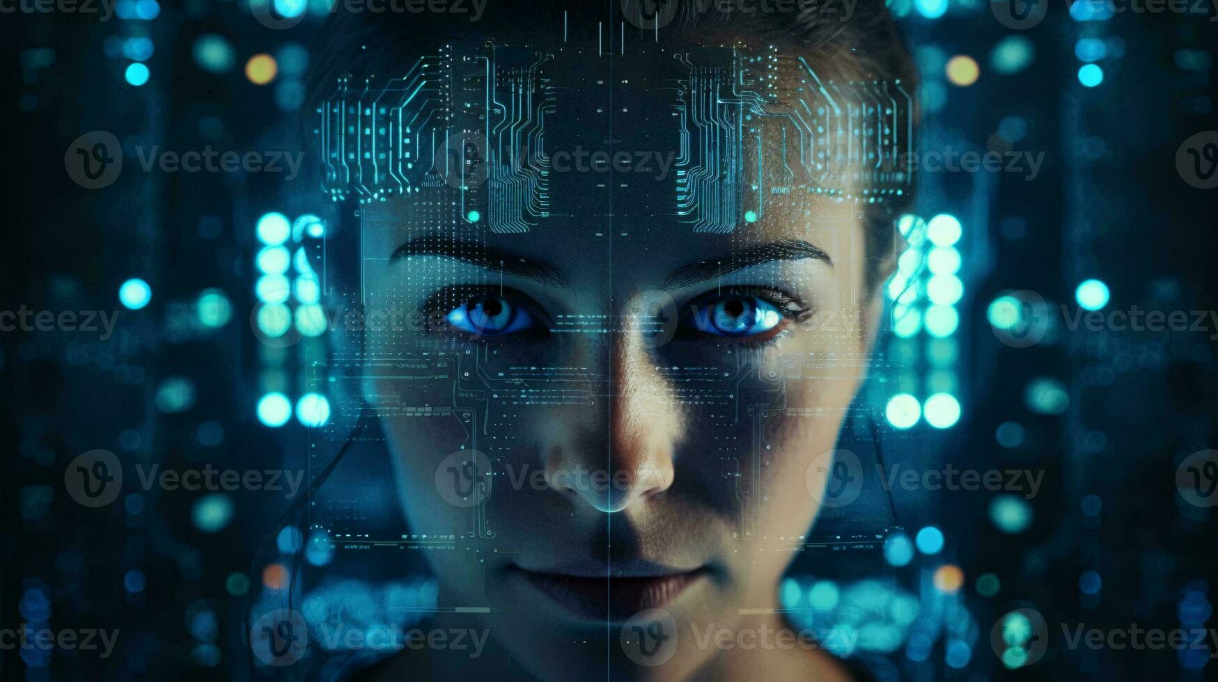 uma mulher com impressionante azul olhos cercado de uma futurista o circuito borda pano de fundo ai gerado foto