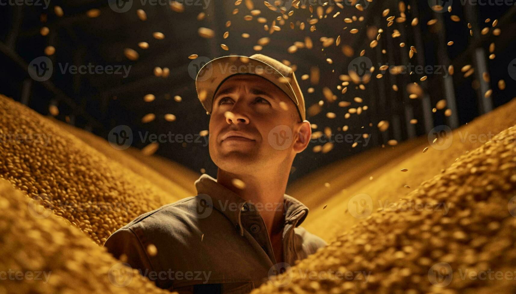 uma agricultor em pé dentro frente do uma generoso colheita do grão ai gerado foto