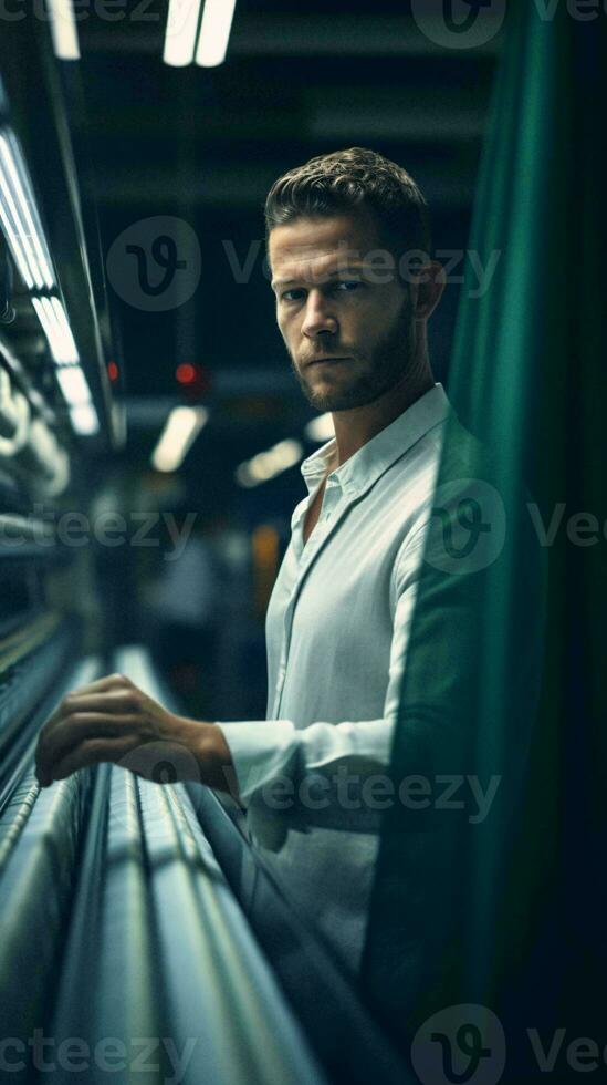 uma homem dentro uma branco camisa observando a intrigante objeto ai gerado foto