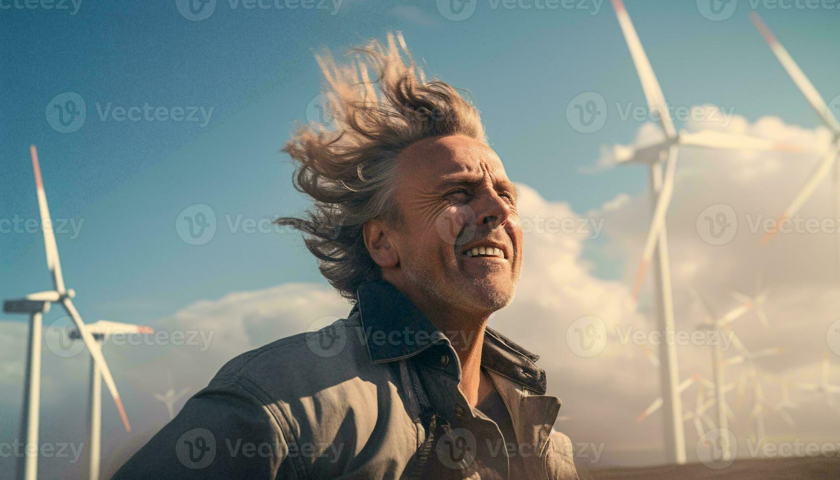 uma homem com varrido pelo vento cabelo ai gerado foto