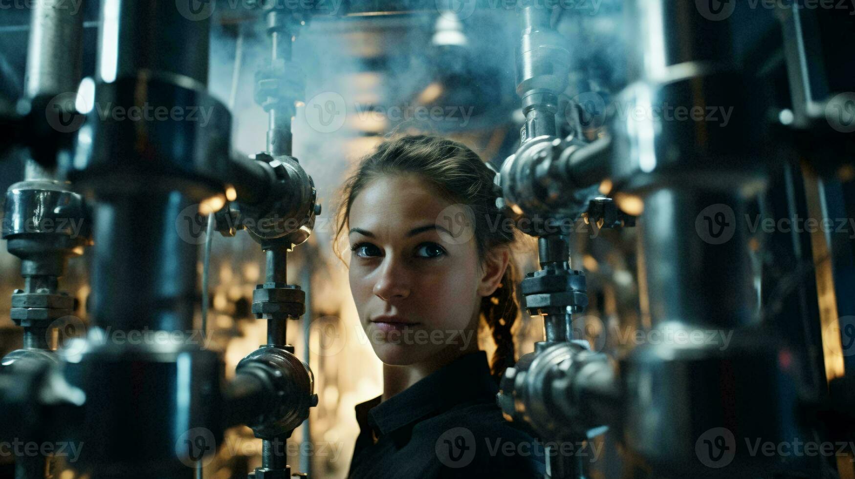 uma mulher dentro frente do uma movido a vapor máquina ai gerado foto