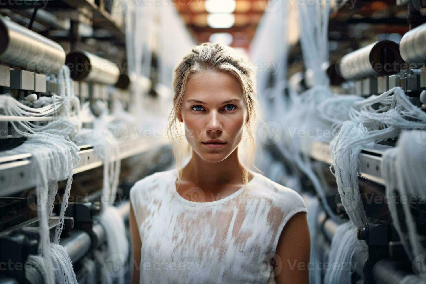 uma mulher em pé dentro frente do uma máquina ai gerado foto