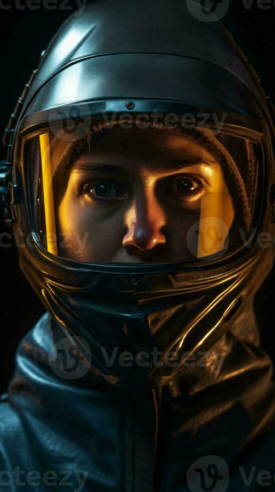 uma mulher dentro uma capacete e couro Jaqueta ai gerado foto