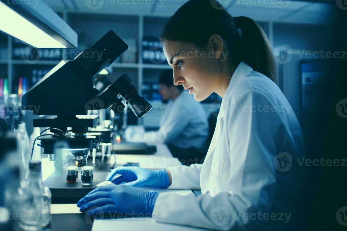 uma mulher conduzindo científico pesquisa usando uma microscópio dentro uma laboratório ai gerado foto