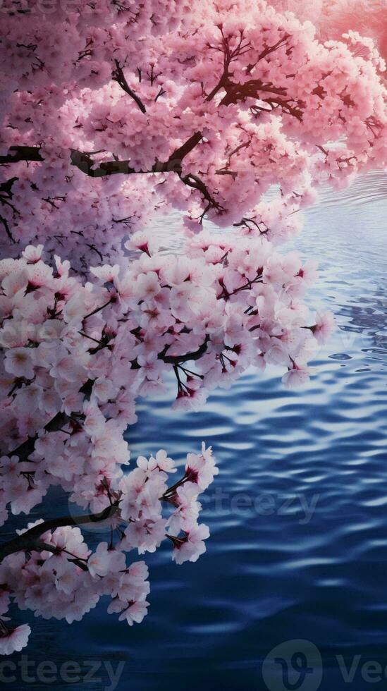 uma lindo cereja Flor árvore refletido dentro sereno águas ai gerado foto