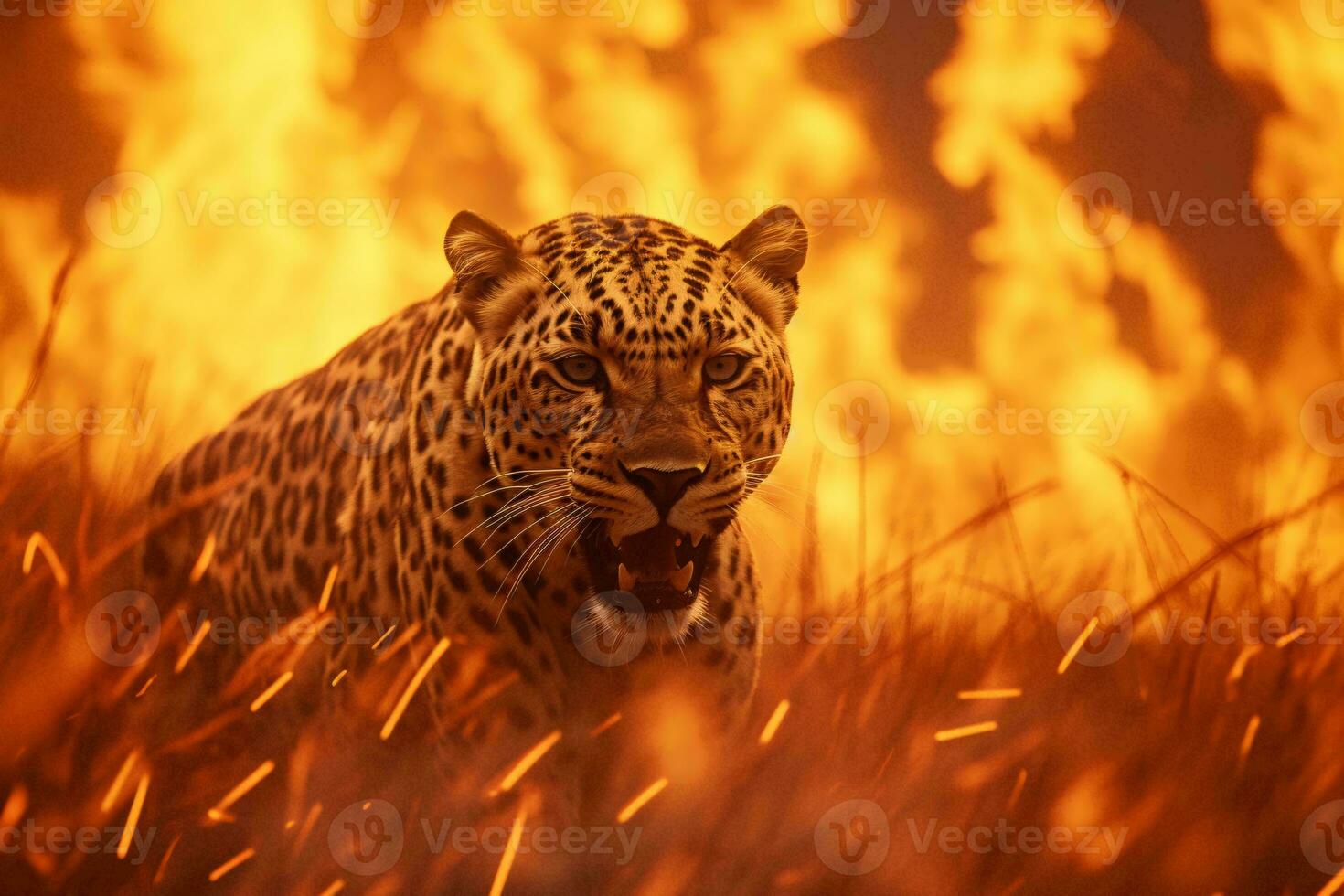 uma leopardo dentro uma gramíneo campo com uma dramático fogo dentro a fundo ai gerado foto