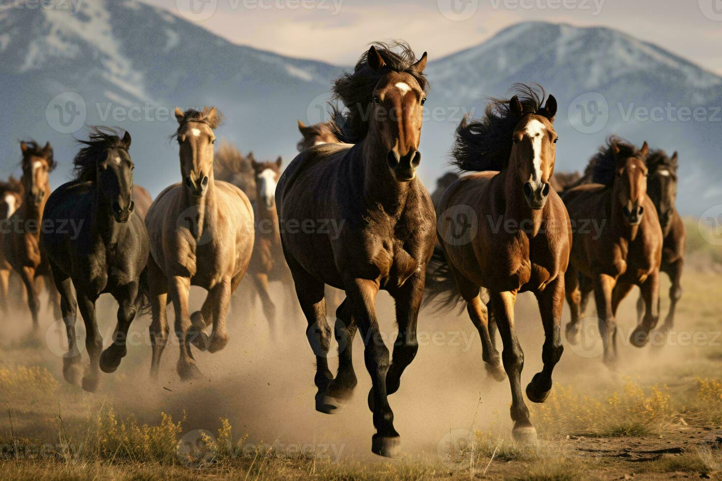 uma grupo do galopando cavalos dentro uma iluminado pelo sol Prado ai gerado foto