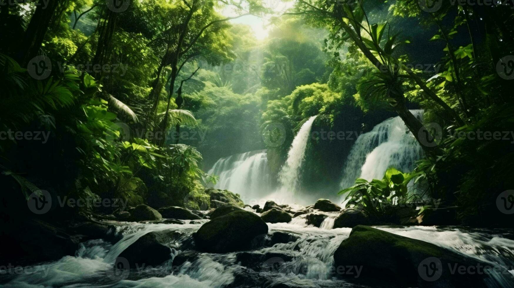 uma tirar o fôlego cascata cercado de uma vibrante verde floresta ai gerado foto