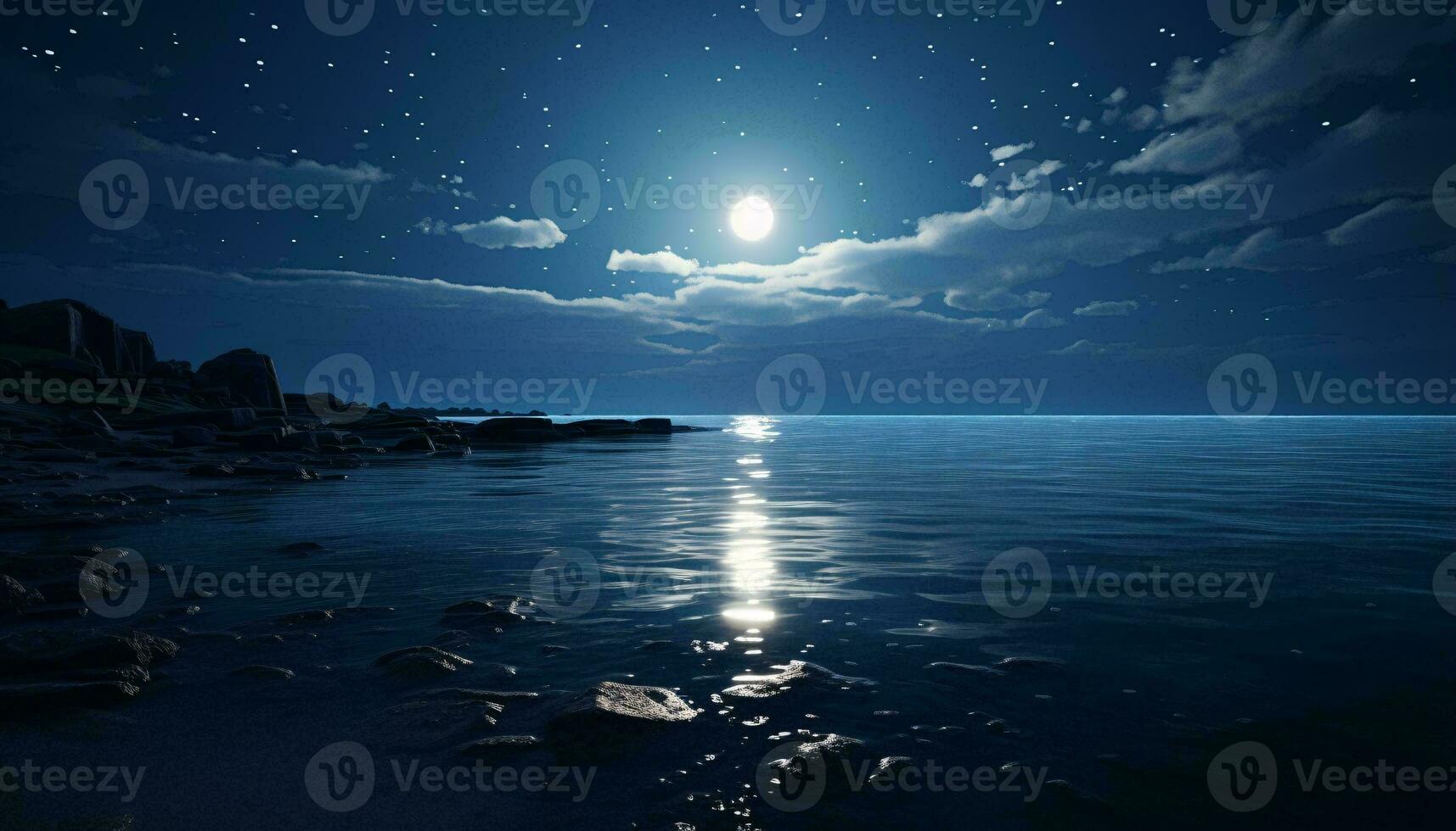 uma deslumbrante cheio lua iluminador a sereno oceano ai gerado foto