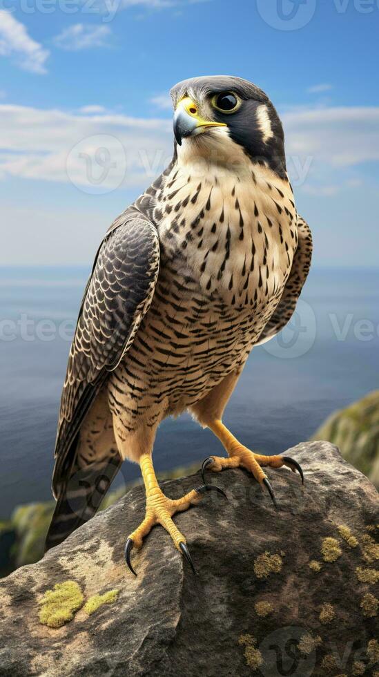 uma majestoso falcão empoleirado em uma áspero Rocha ai gerado foto