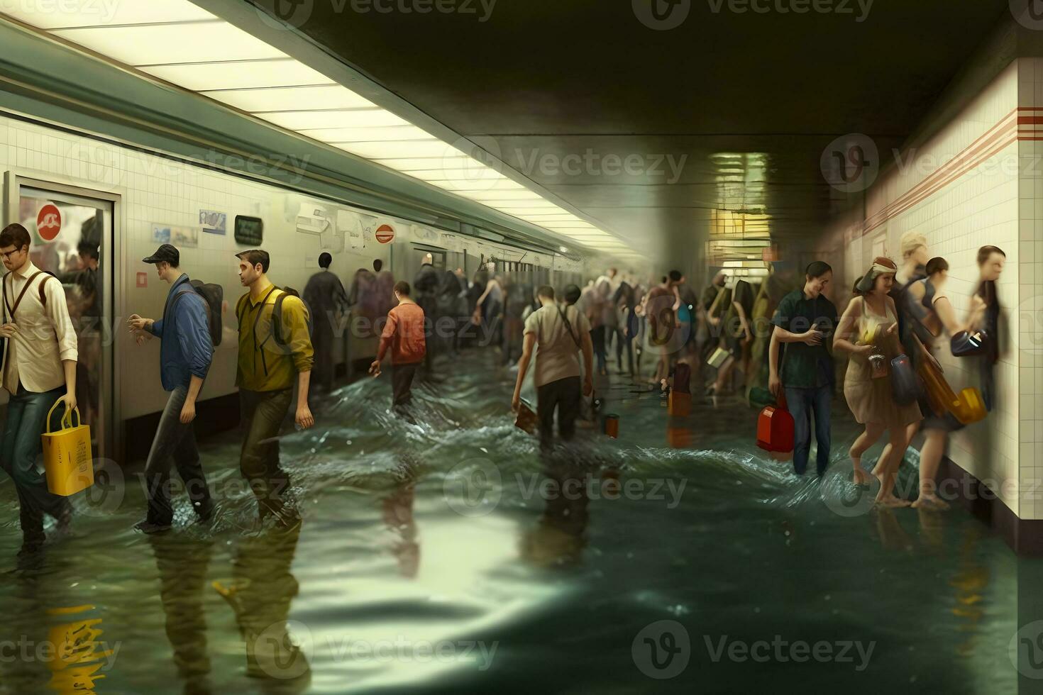 metro estação durante uma inundar dentro a cidade depois de uma tempestade e pesado chuva, uma muitos do água. neural rede ai gerado foto