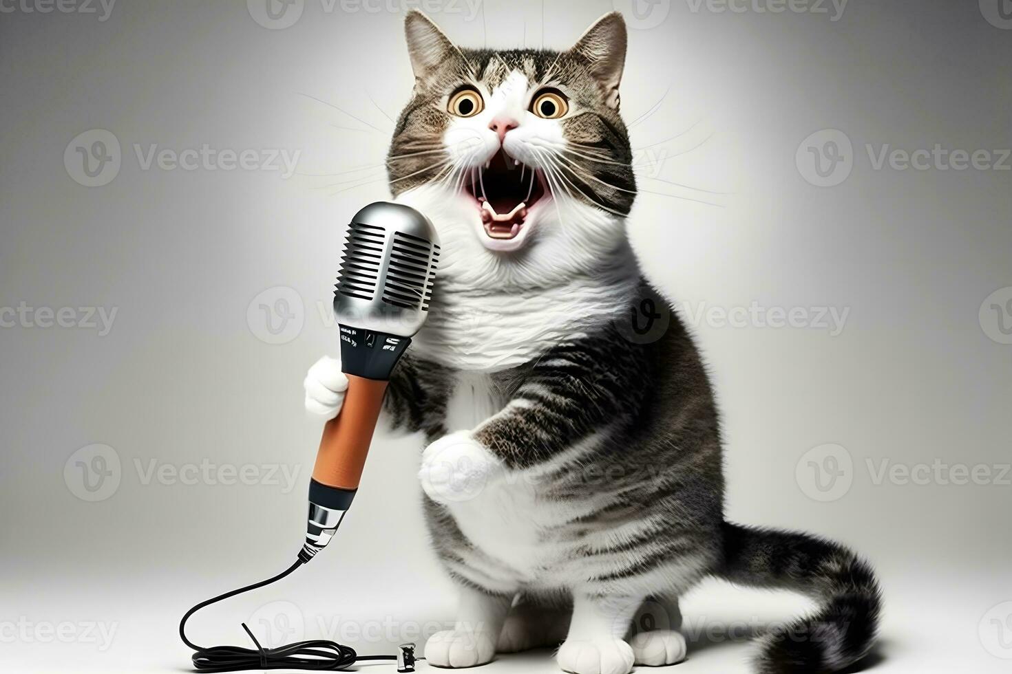 gato artista canta para dentro uma microfone. neural rede ai gerado foto