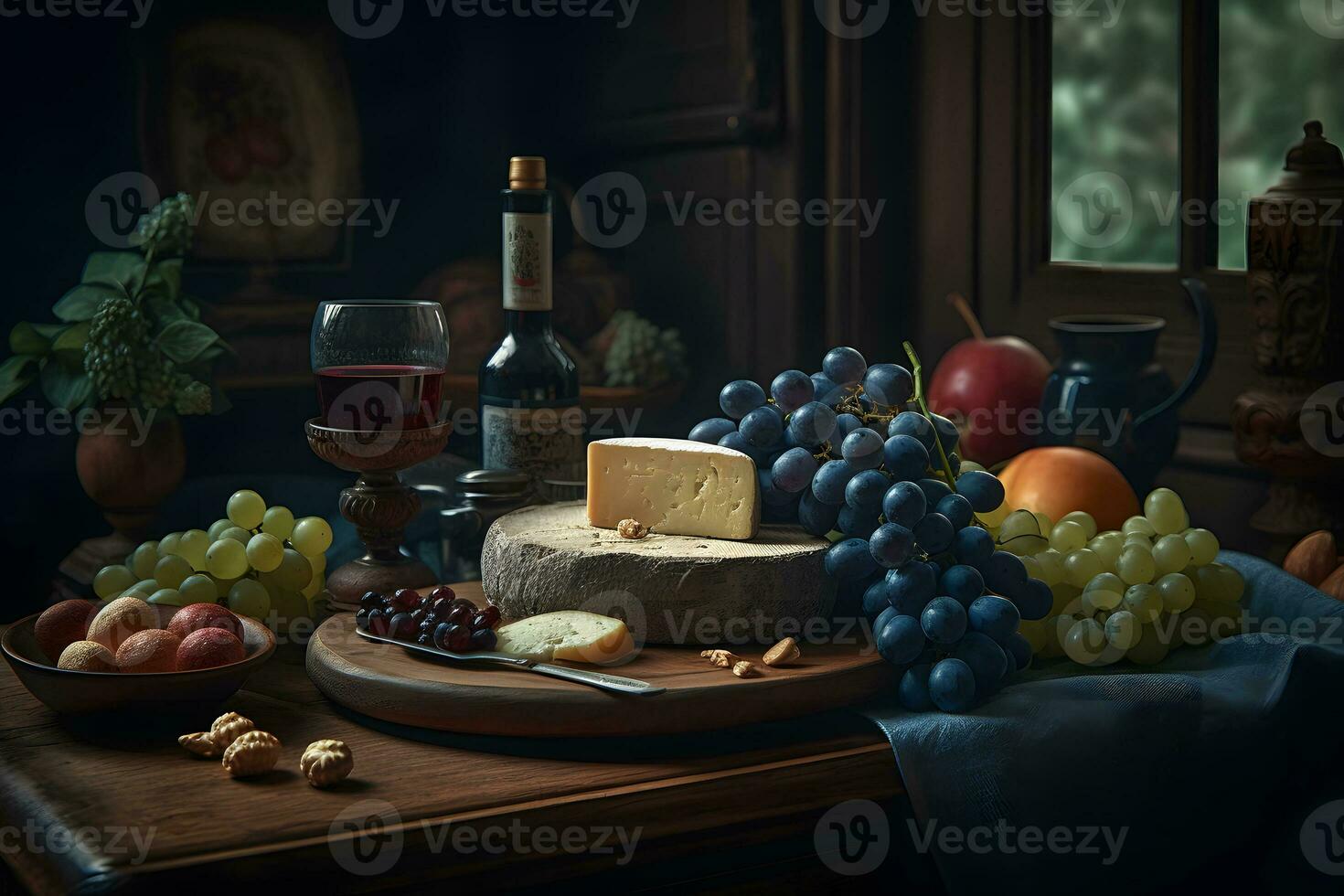 vinho, queijo e uvas dentro uma vintage configurar. neural rede ai gerado foto