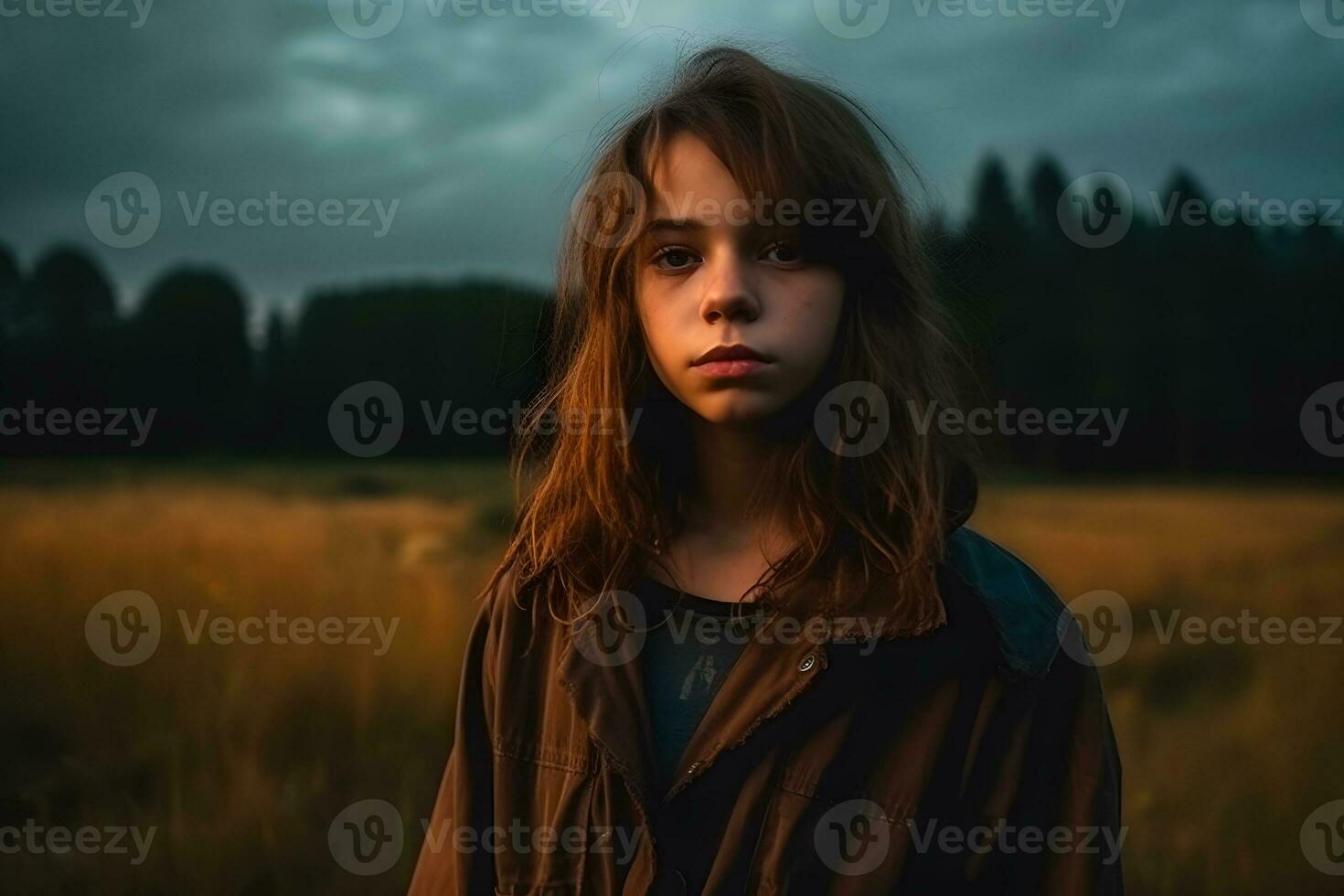 retrato do uma lindo menina dentro a tarde dentro a campo. neural rede ai gerado foto
