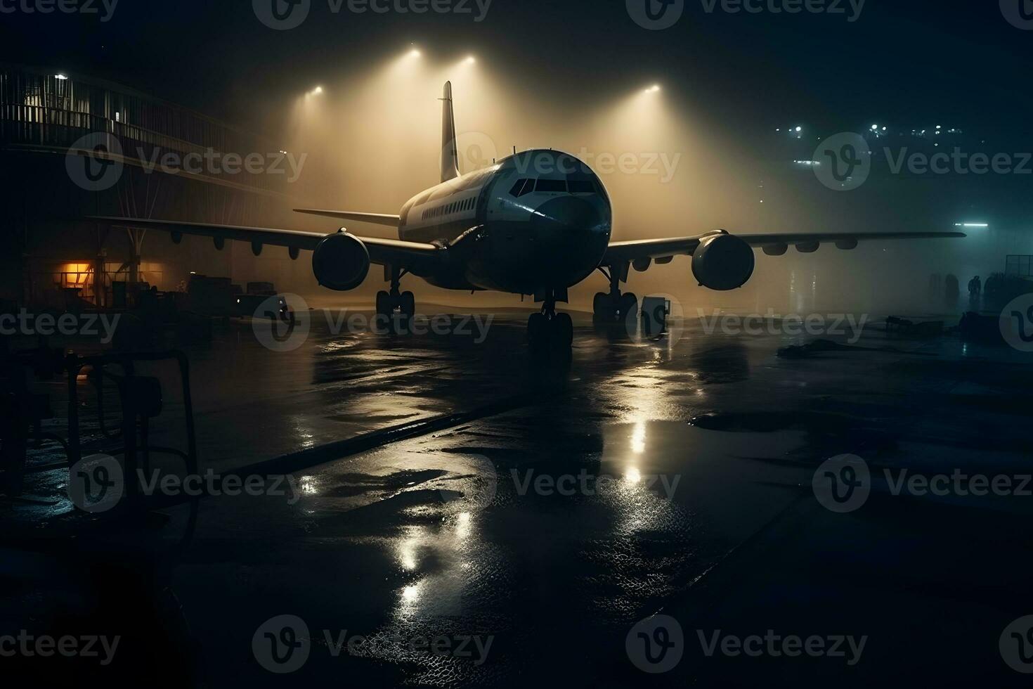 avião às a aeroporto às noite dentro a chuva. neural rede ai gerado foto