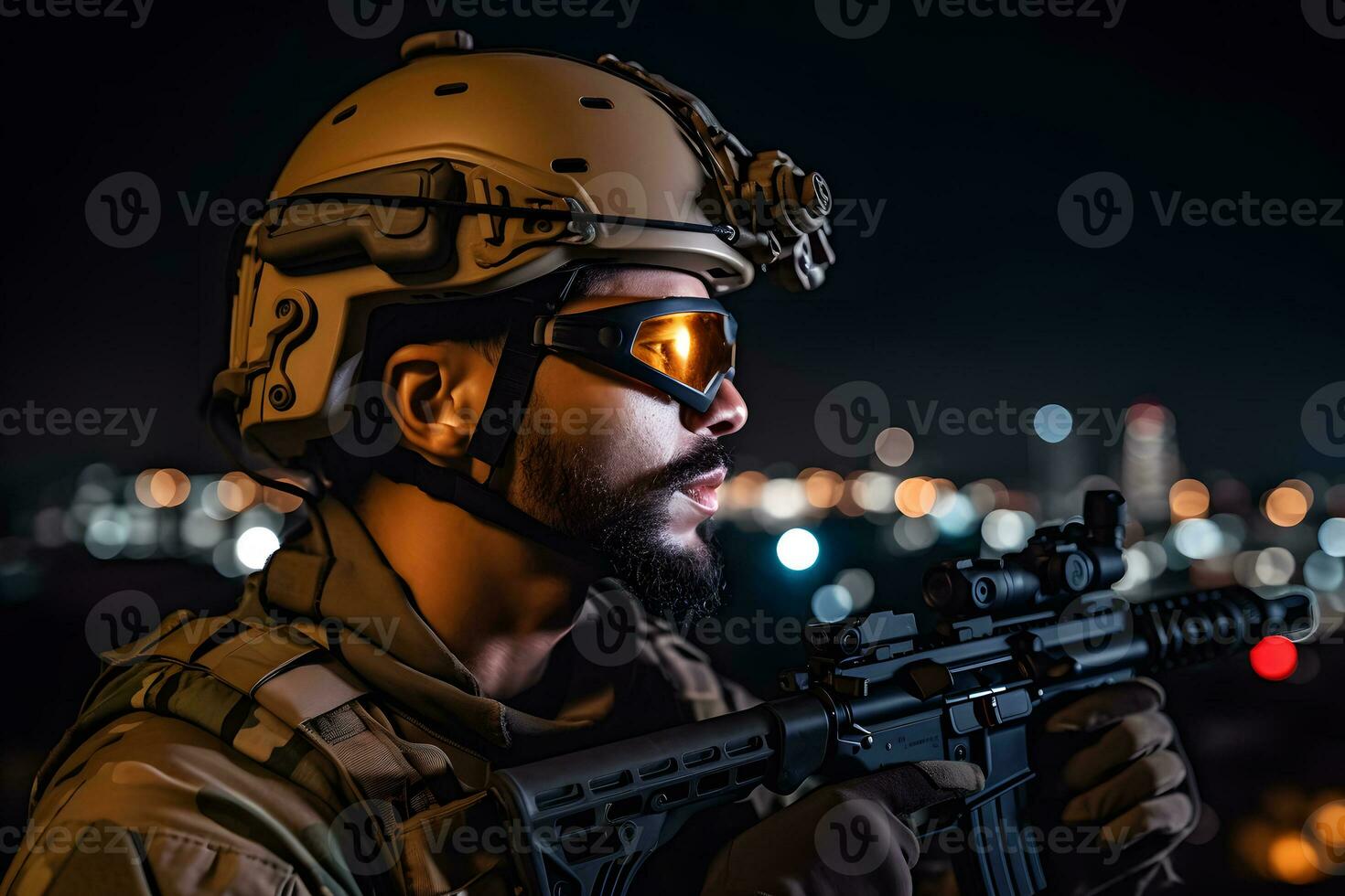 elite membro do nos exército guardas dentro combate capacete e Sombrio óculos. neural rede ai gerado foto