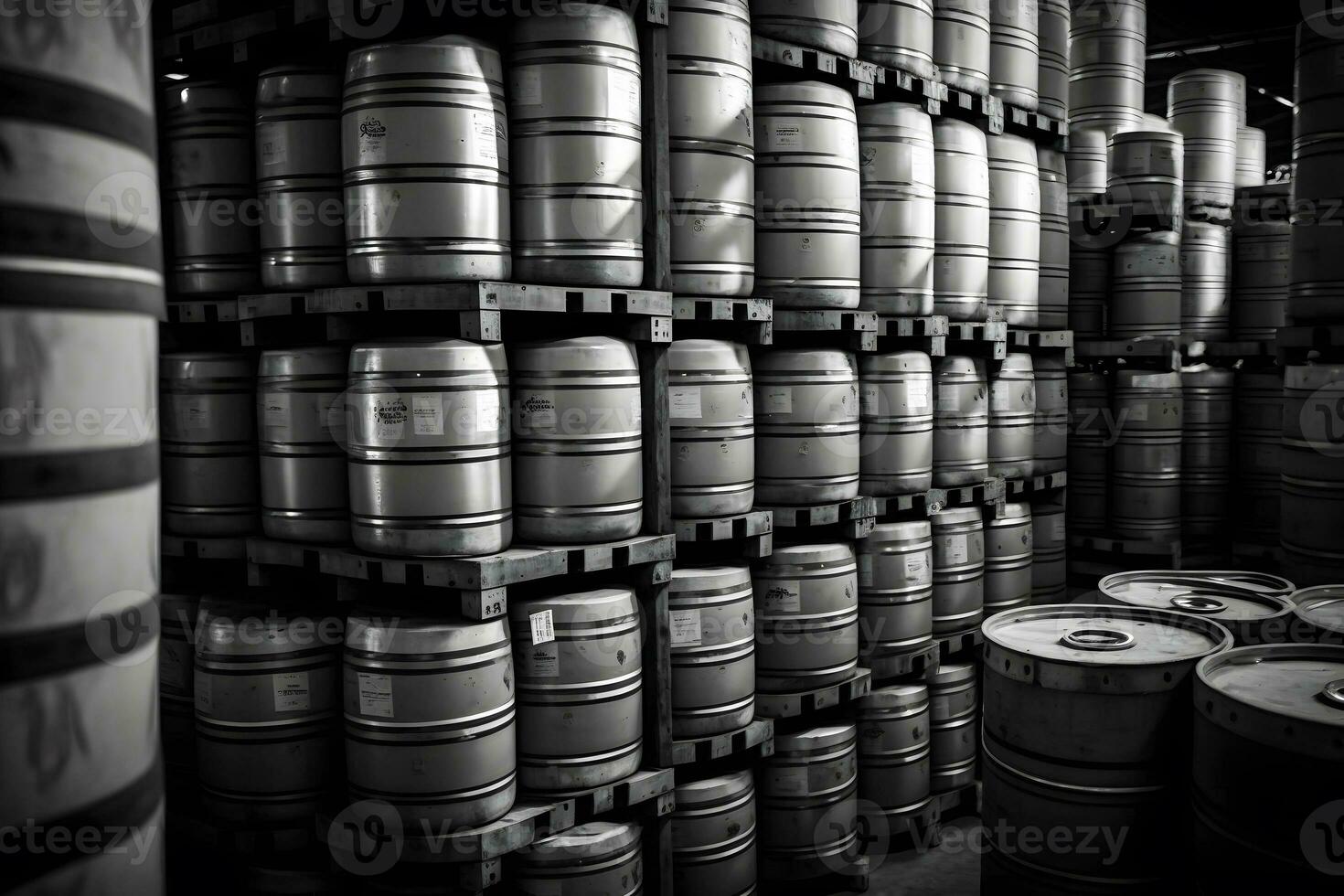 pilhas do Cerveja barris dentro cervejaria fabricação armazém. neural rede gerado arte foto