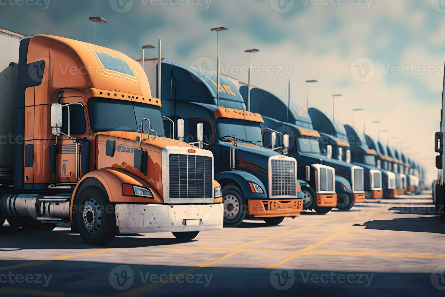 semi reboque caminhões em estacionamento muito. Entrega caminhões para carga envio. caminhão indústria frete caminhão logística transporte. neural rede gerado arte foto