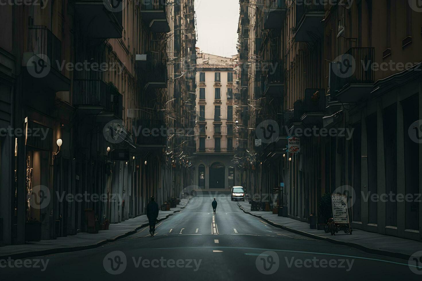 panorama Visão do a esvaziar rua do uma Preto e branco cidade. neural rede ai gerado foto