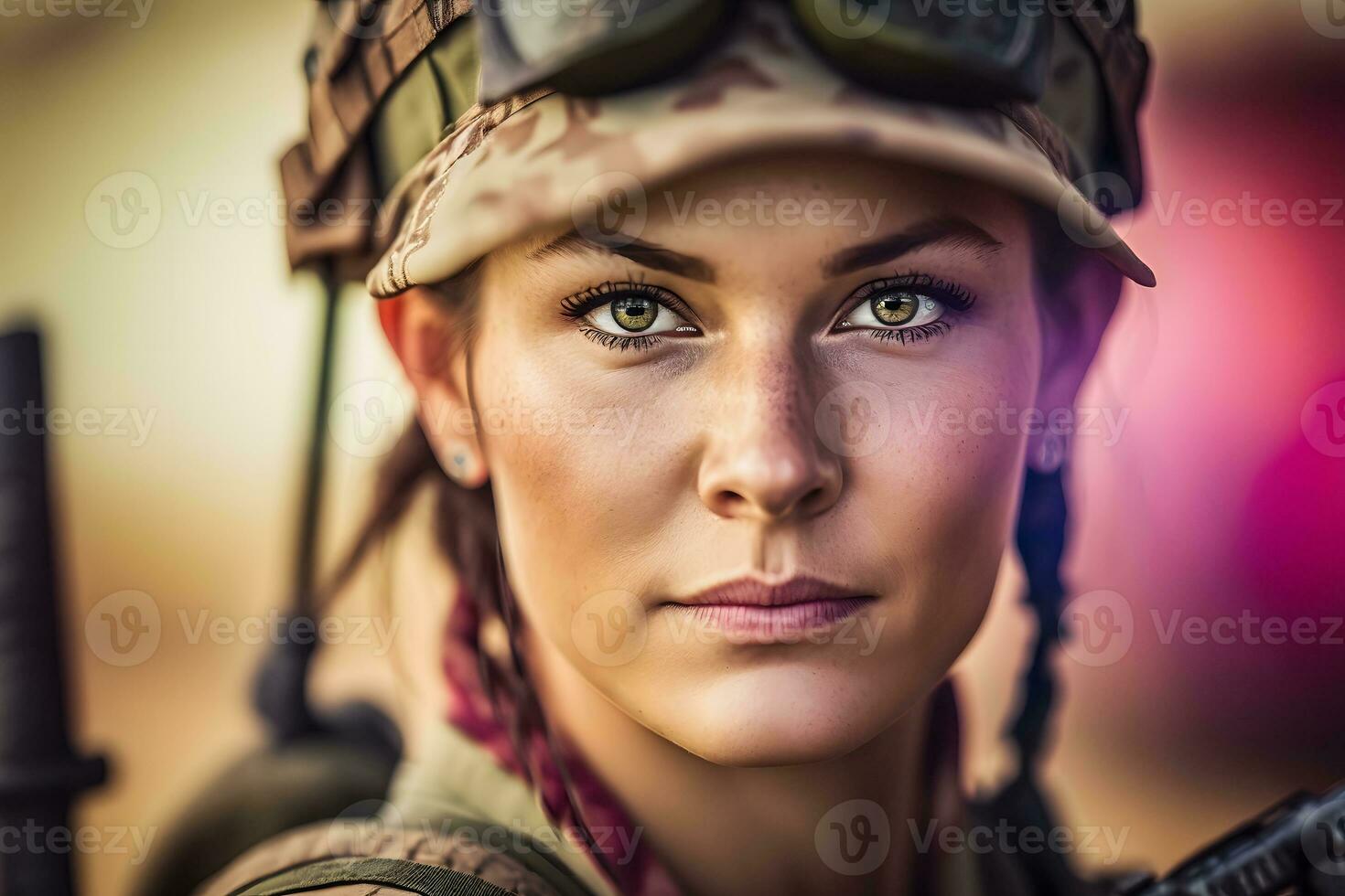 bonita fêmea soldado retrato. neural rede ai gerado foto