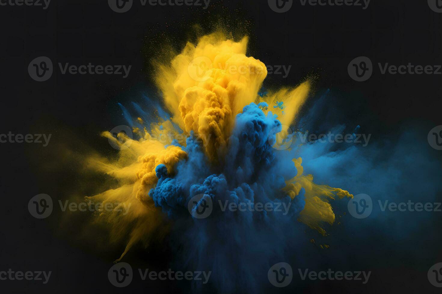 explosão do amarelo e azul cor pintura pó em Preto fundo. neural rede gerado arte foto