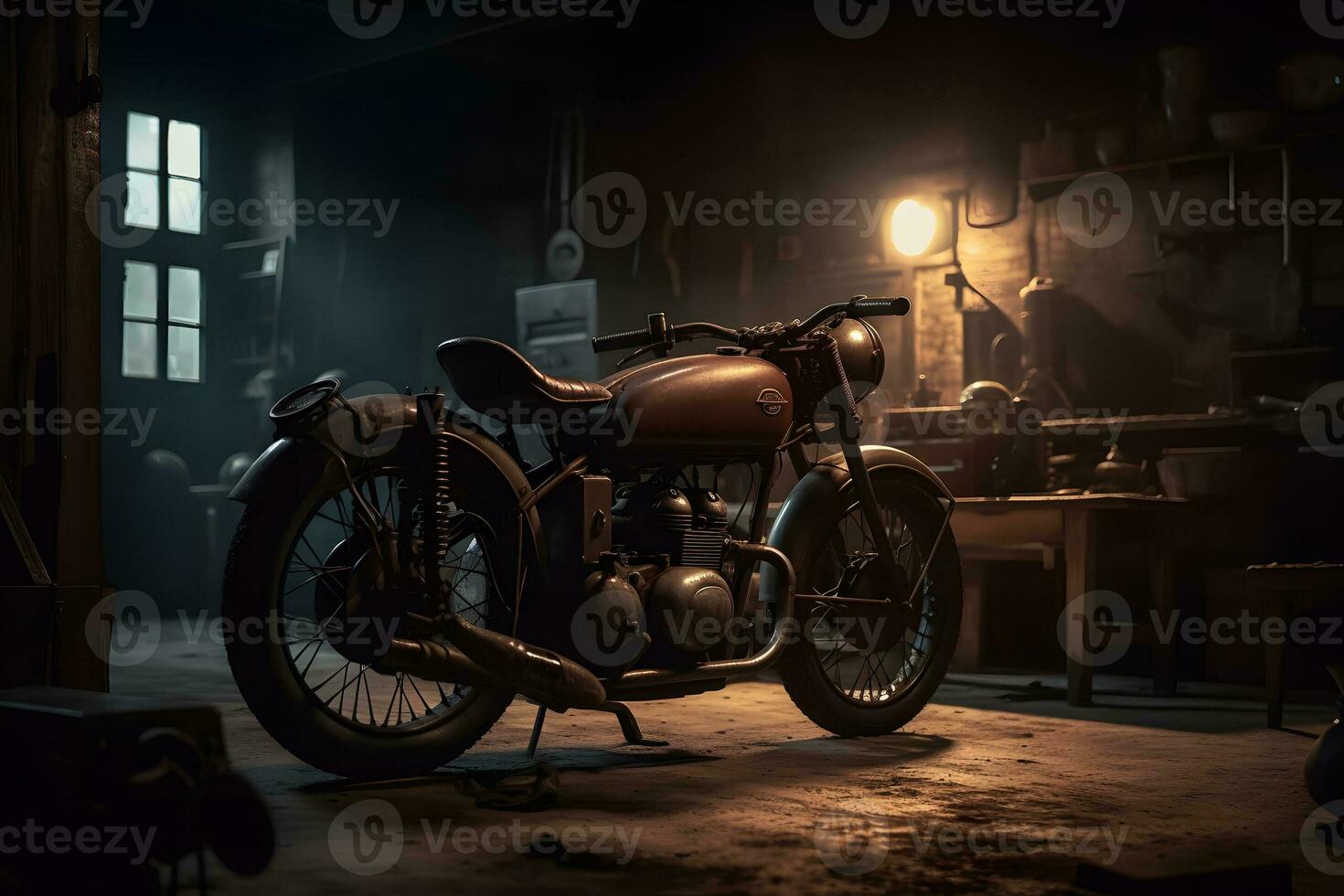 velho vintage motocicleta dentro a garagem. neural rede ai gerado foto