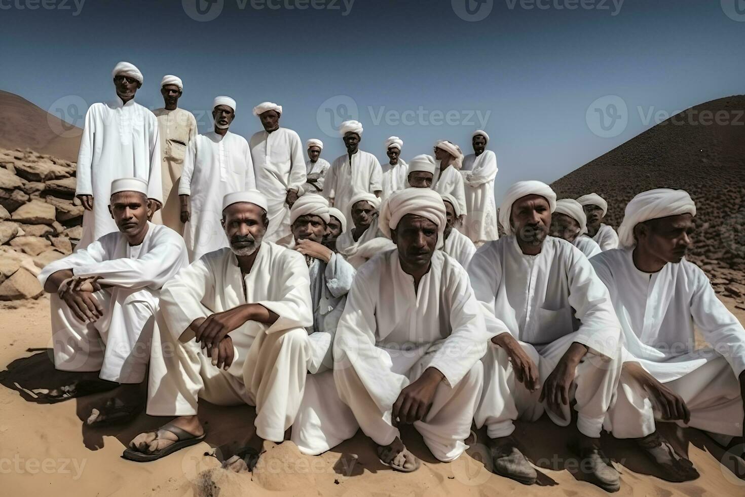 muitos árabe homens dentro a deserto. neural rede ai gerado foto