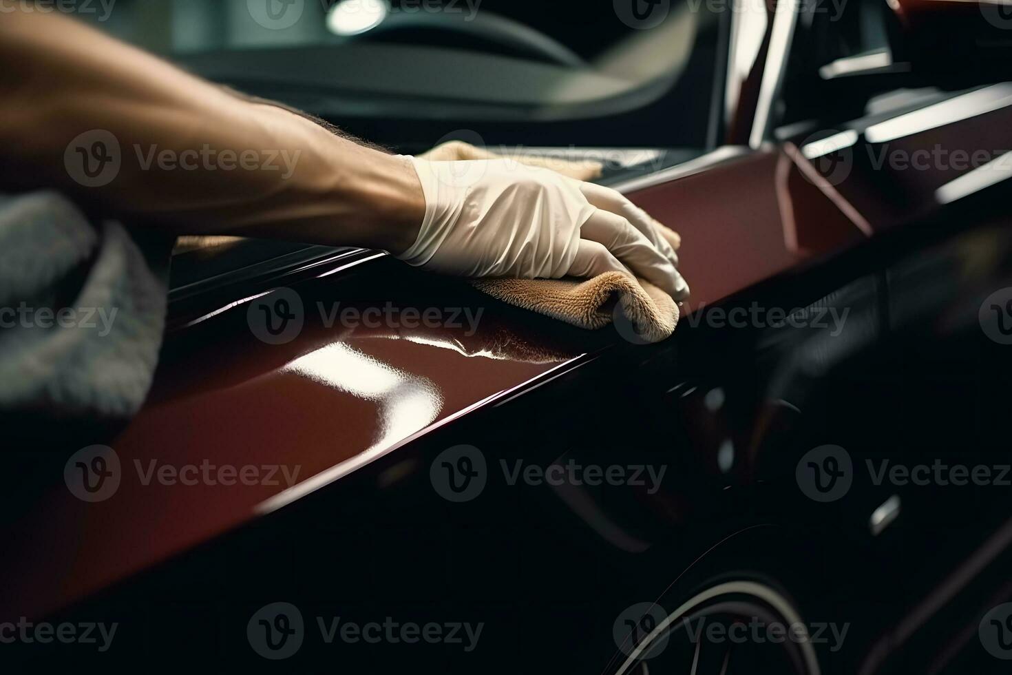 adesivo do uma protetora filme em a Farol do uma carro dentro uma carro detalhamento estúdio. neural rede ai gerado foto