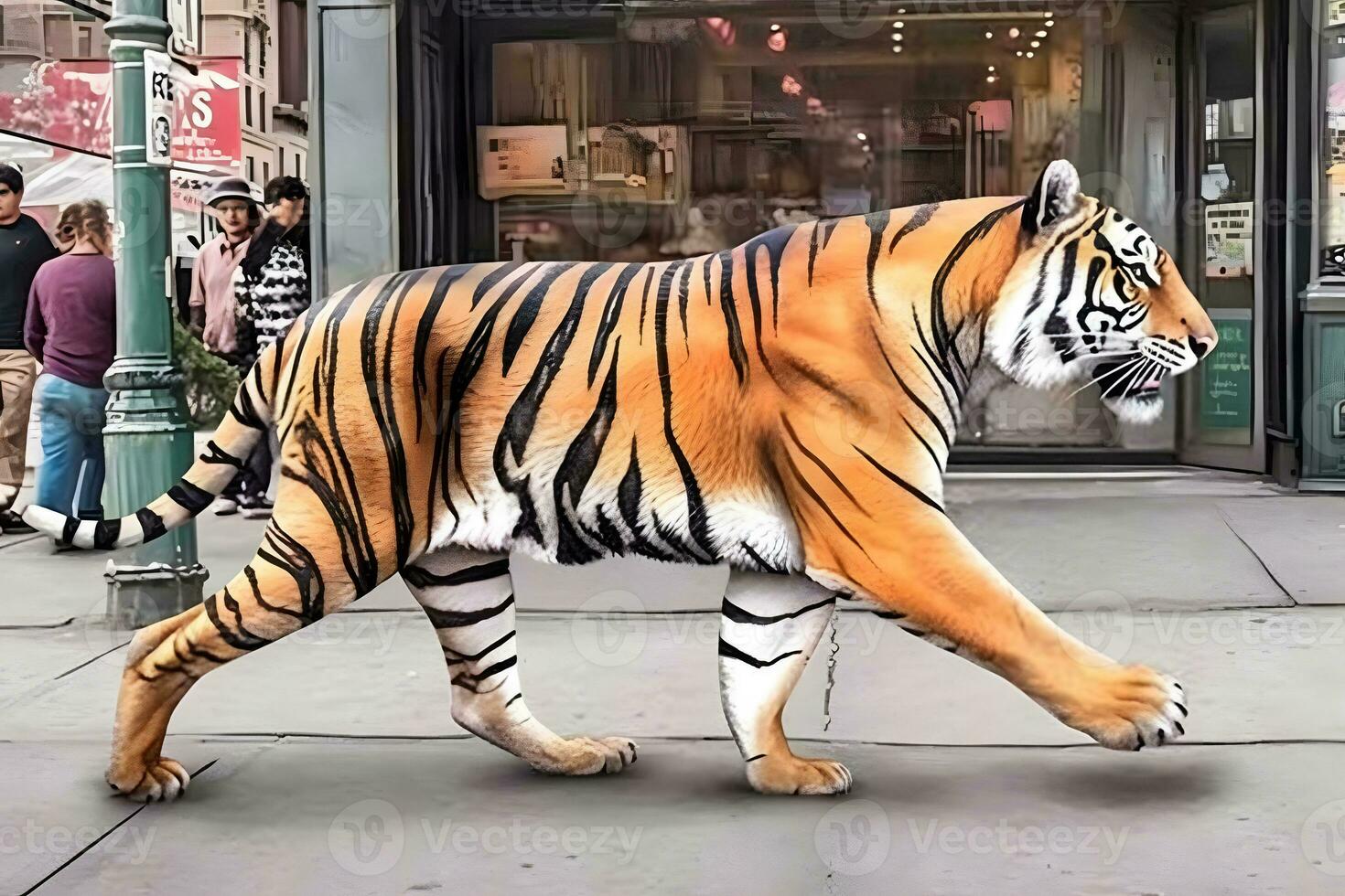 urbano tigre apocalipse. uma tigre caminhando através urbano ruínas dentro uma pós-apocalipse gostar contexto. neural rede ai gerado foto