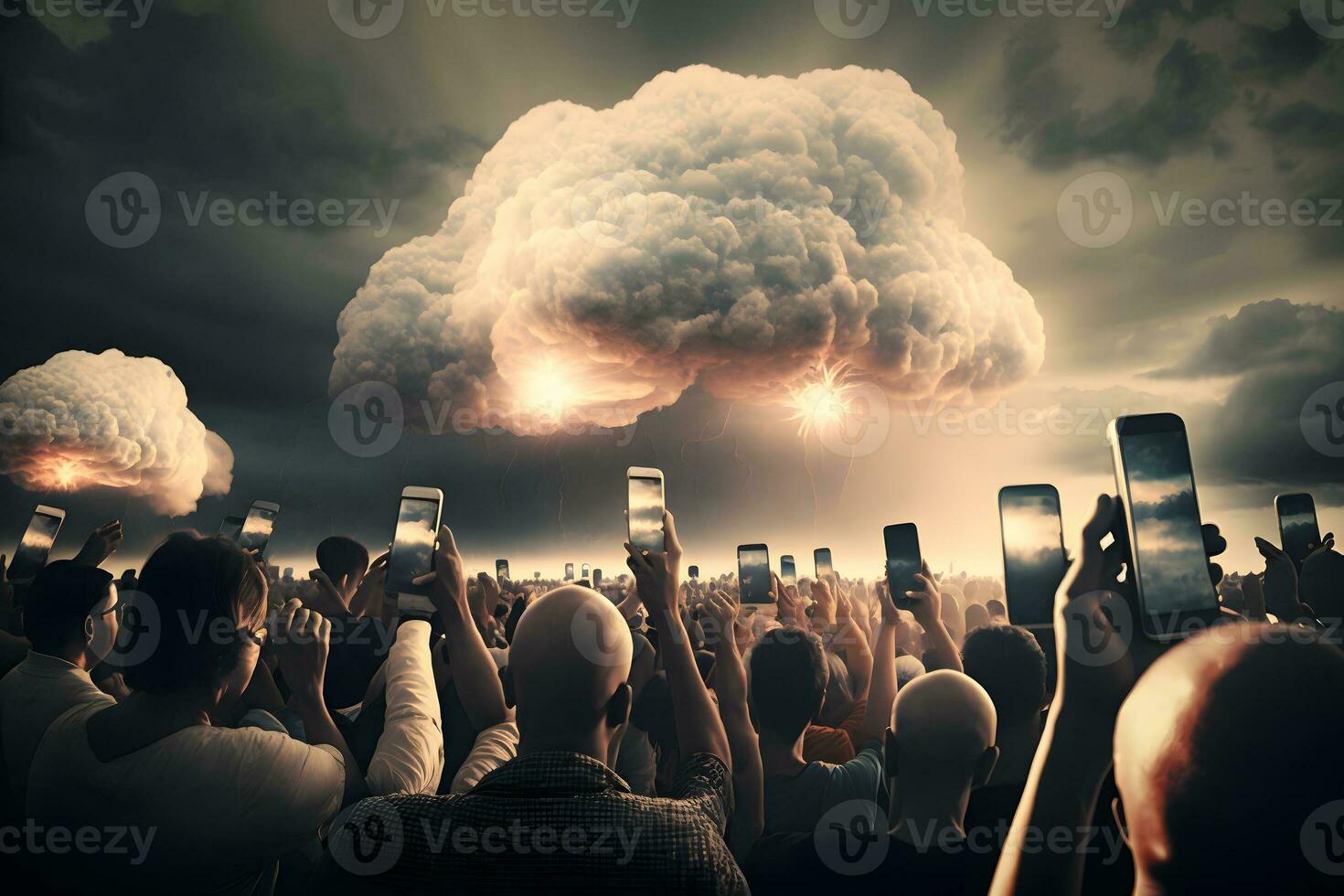 multidão do pessoas fotografando cogumelo nuvem. neural rede ai gerado foto