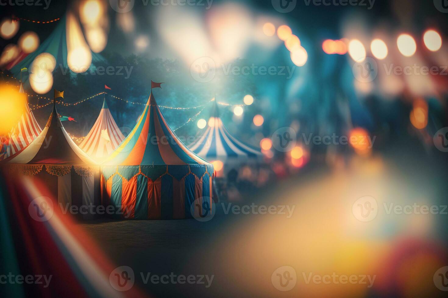 noite Visão do uma circo tendas e muitos luz lâmpadas com borrado fundo. neural rede ai gerado foto