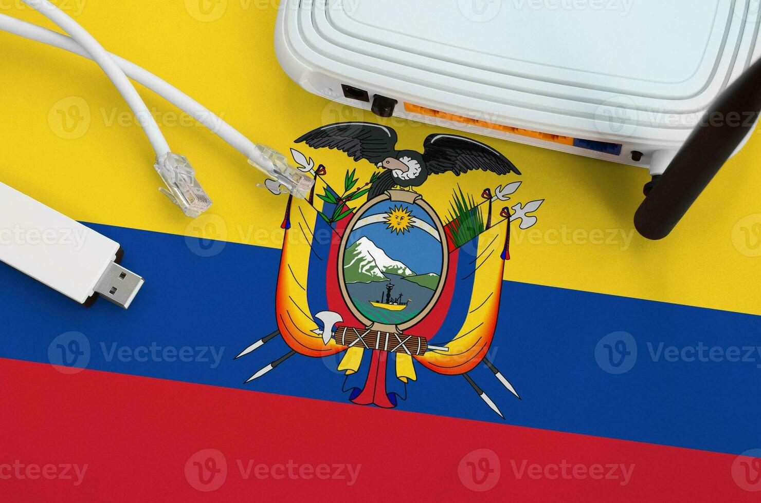Equador bandeira retratado em mesa com Internet rj45 cabo, sem fio USB Wi-fi adaptador e roteador. Internet conexão conceito foto