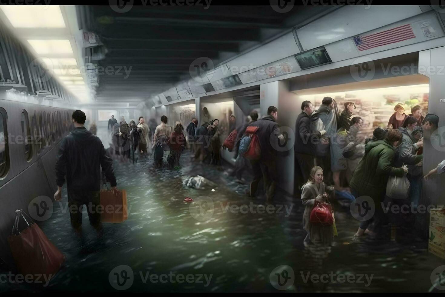 metro estação durante uma inundar dentro a cidade depois de uma tempestade e pesado chuva, uma muitos do água. neural rede ai gerado foto