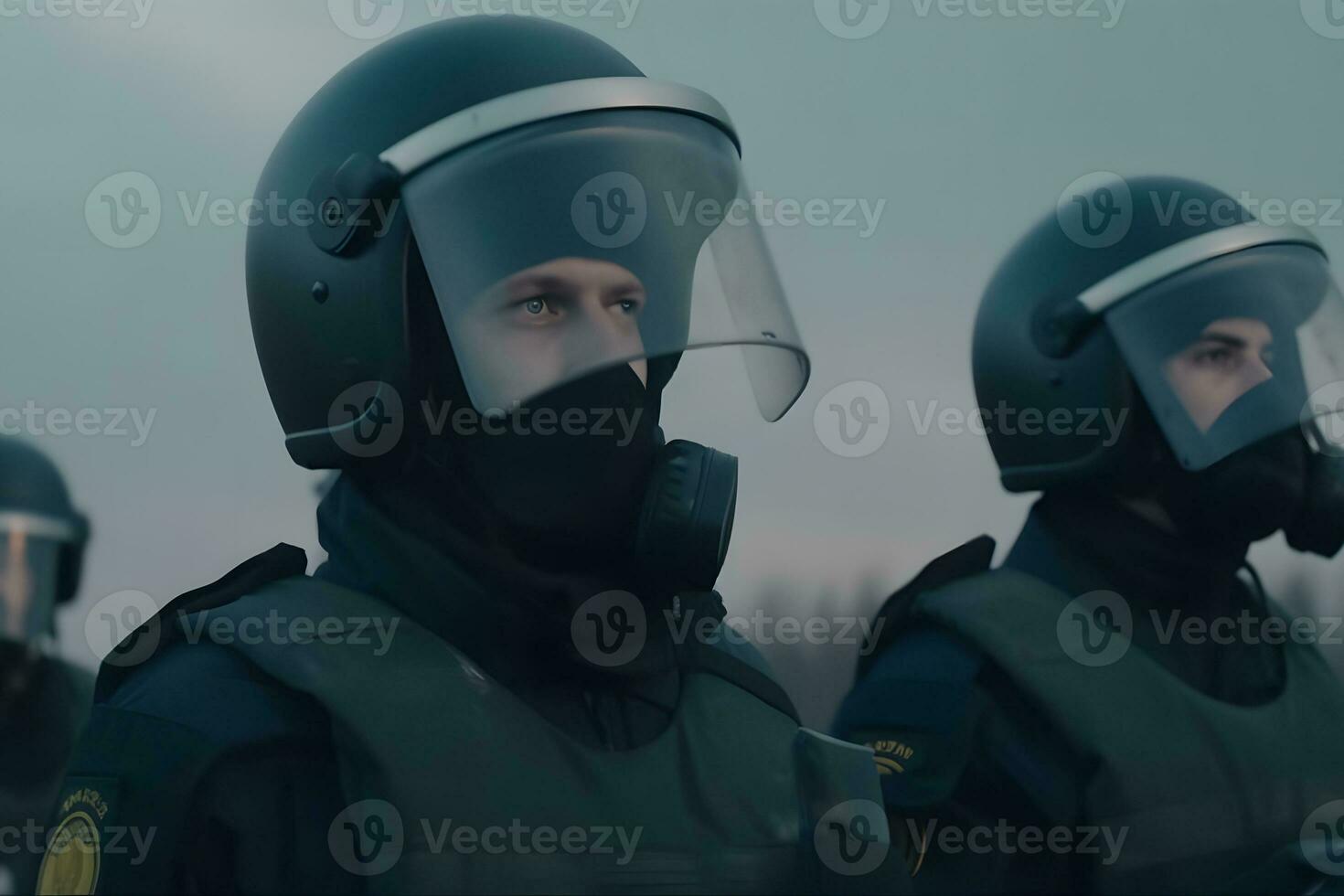 baixo ângulo do anônimo polícia soldados dentro protetora uniformes e capacetes em pé contra pelotão furgão e defendendo de tumulto escudos. neural rede ai gerado foto