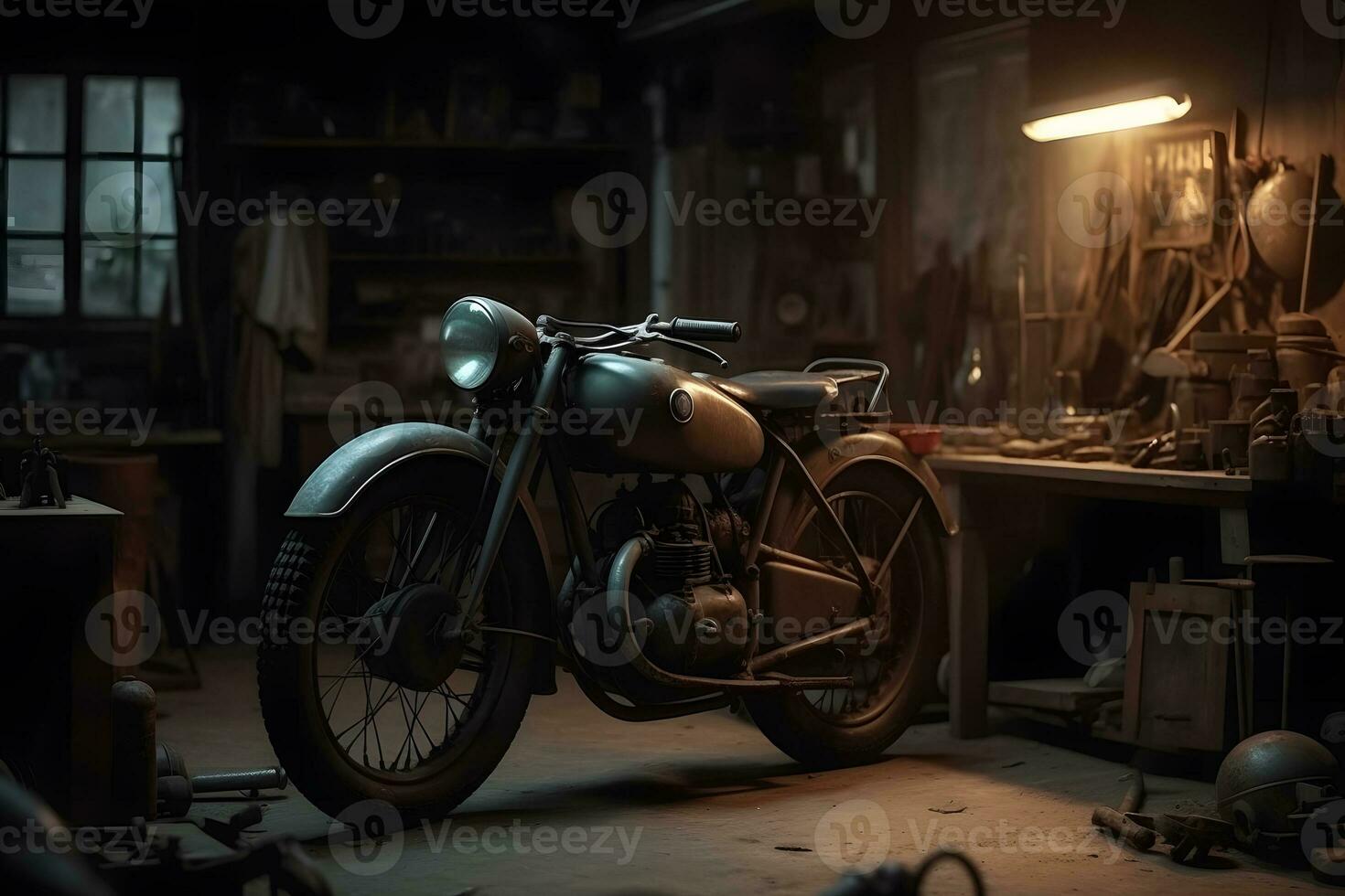 velho vintage motocicleta dentro a garagem. neural rede ai gerado foto