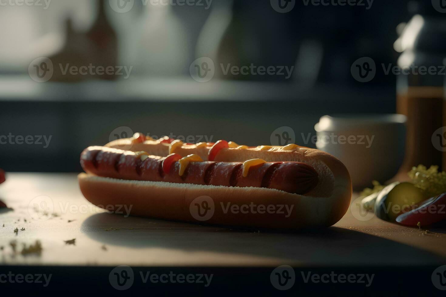 grande cachorro quente com linguiça tomates, mostarda e salada isolado em Preto fundo. topo visualizar. neural rede ai gerado foto