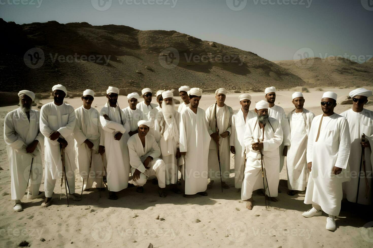 muitos árabe homens dentro a deserto. neural rede ai gerado foto