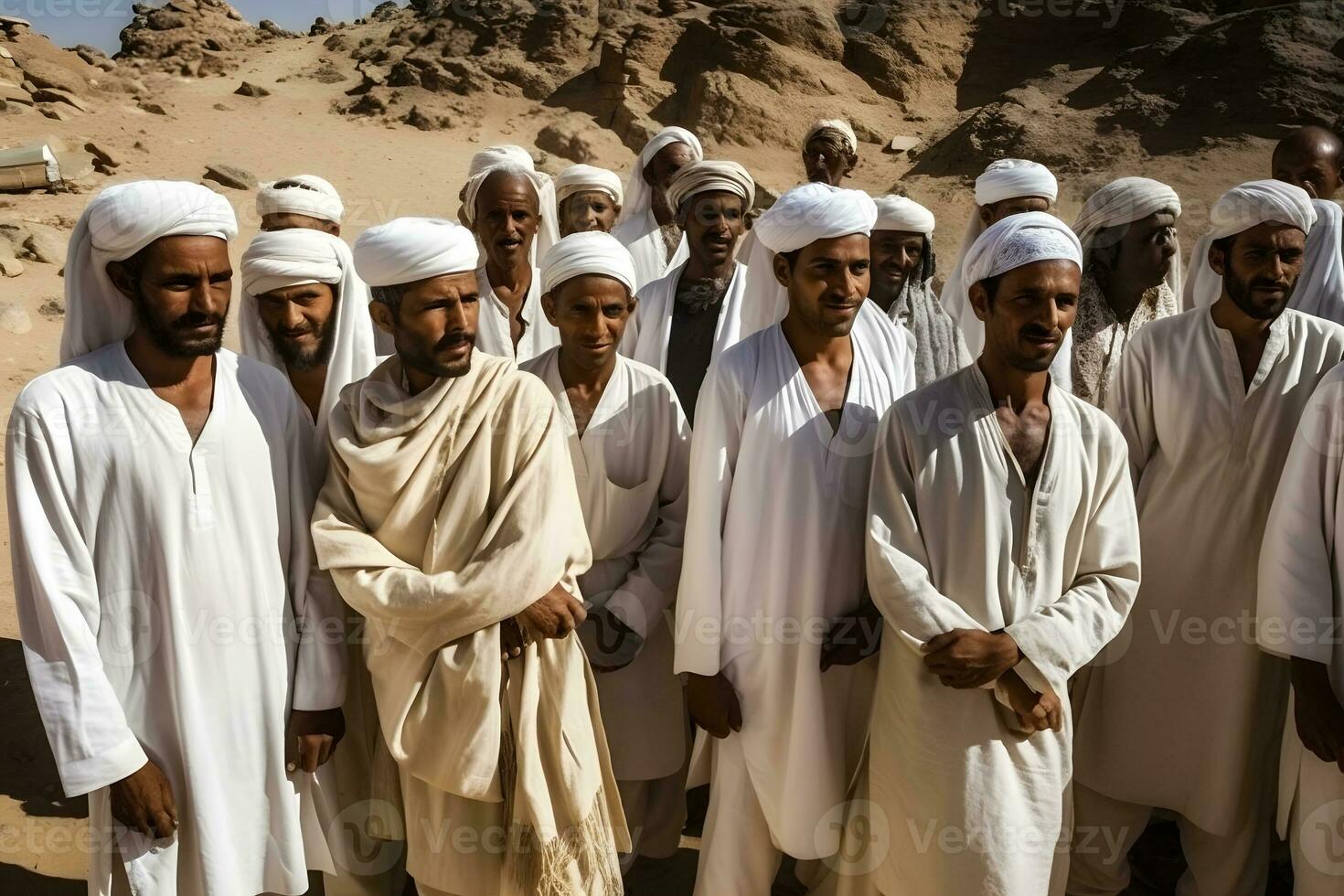 muitos árabe homens dentro a deserto. neural rede ai gerado foto