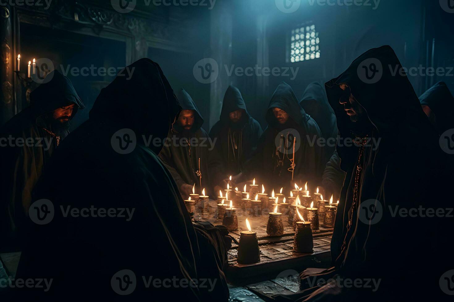 ritual do medieval padres com velas dentro a têmpora. neural rede ai gerado foto