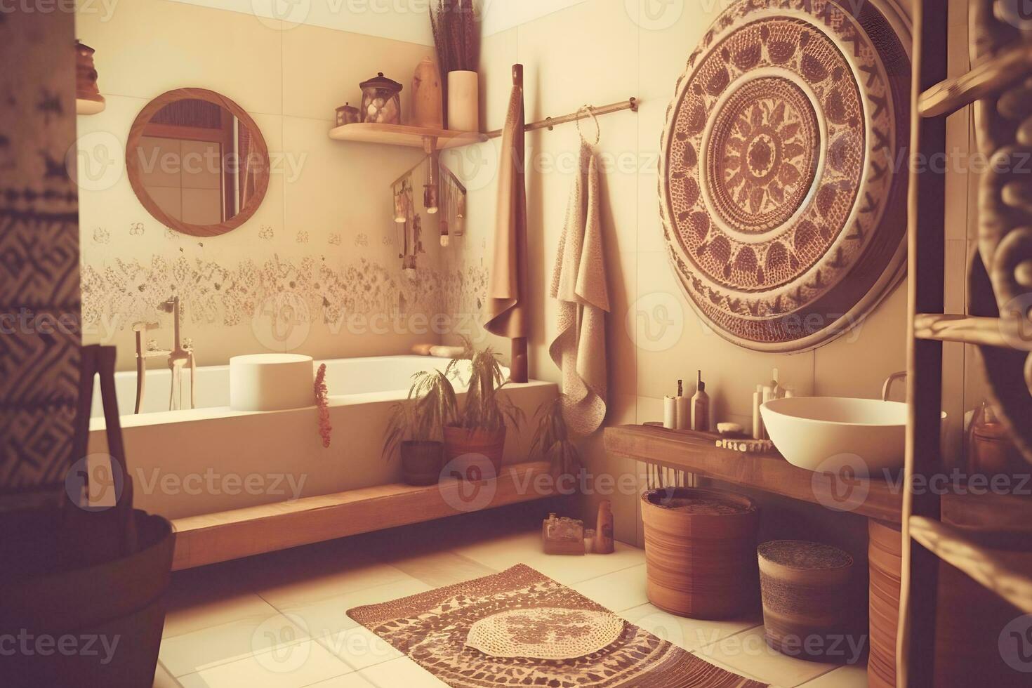 boho estilo banheiro interior. neural rede ai gerado foto