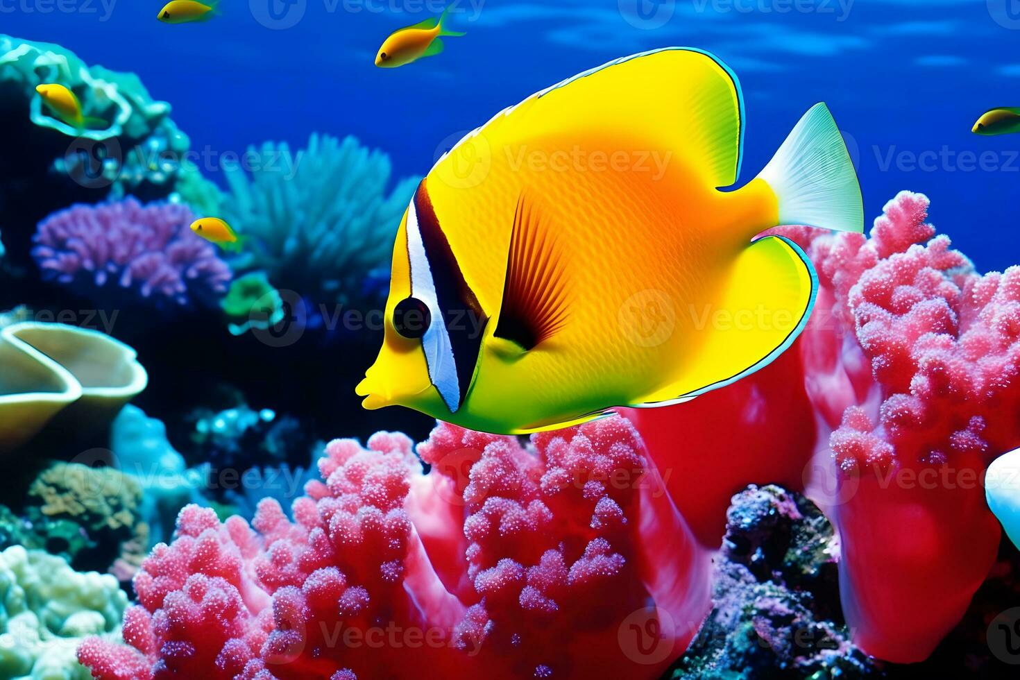 mar vida exótico tropical coral recife cobre borboleta peixe. neural rede ai gerado foto