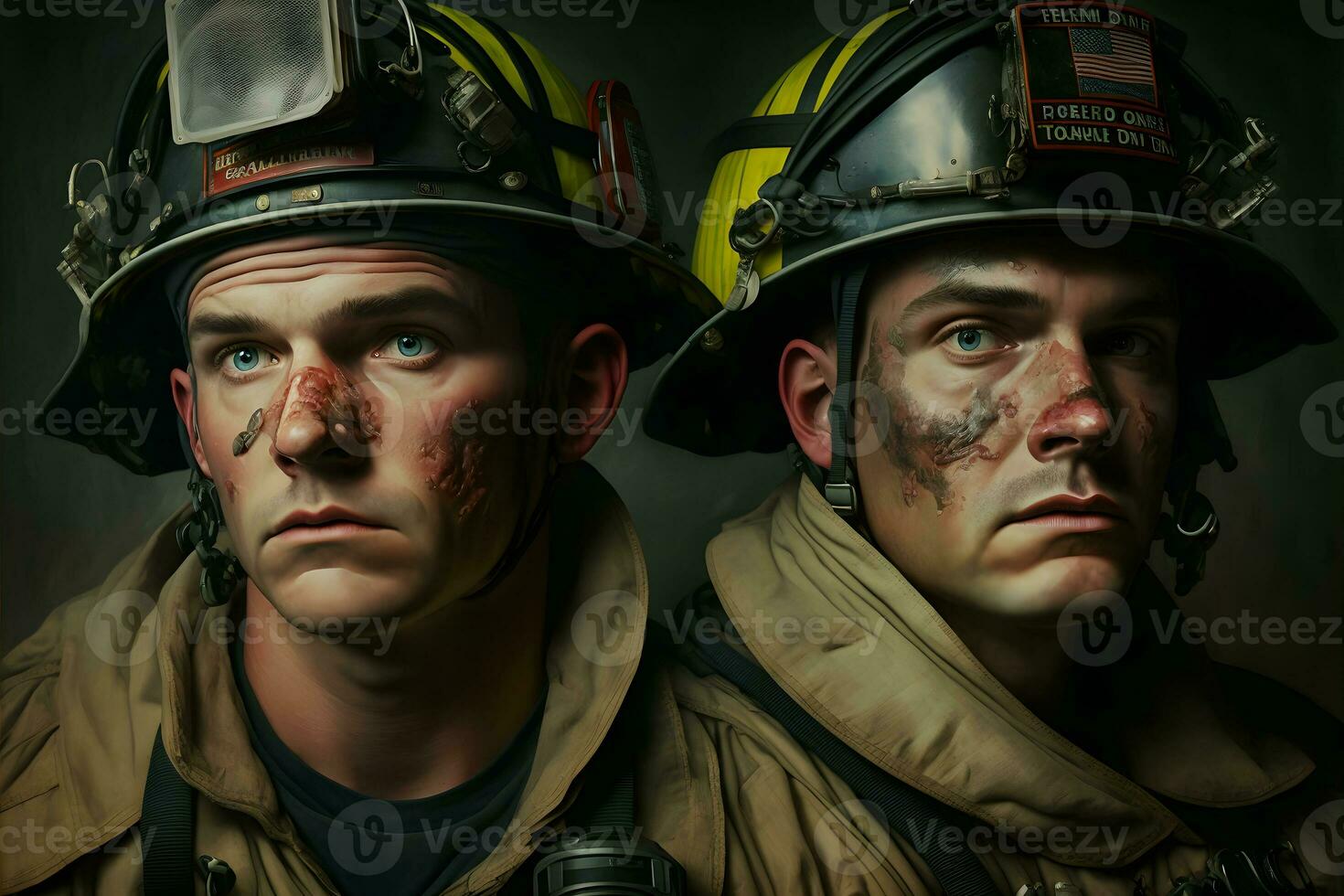 retrato do bombeiros sujo rostos dentro especial capacetes e bombeiros uniformes. neural rede gerado arte foto