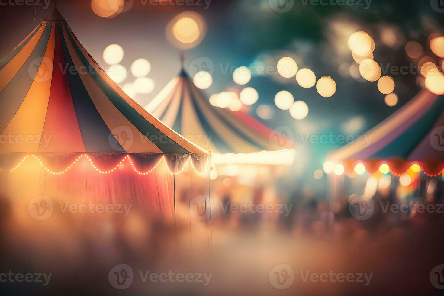 noite Visão do uma circo tendas e muitos luz lâmpadas com borrado fundo. neural rede ai gerado foto