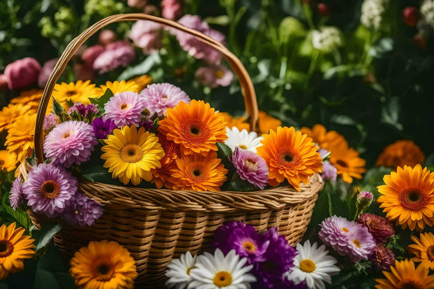 uma cesta cheio do colorida flores em uma gramíneo campo. gerado por IA foto