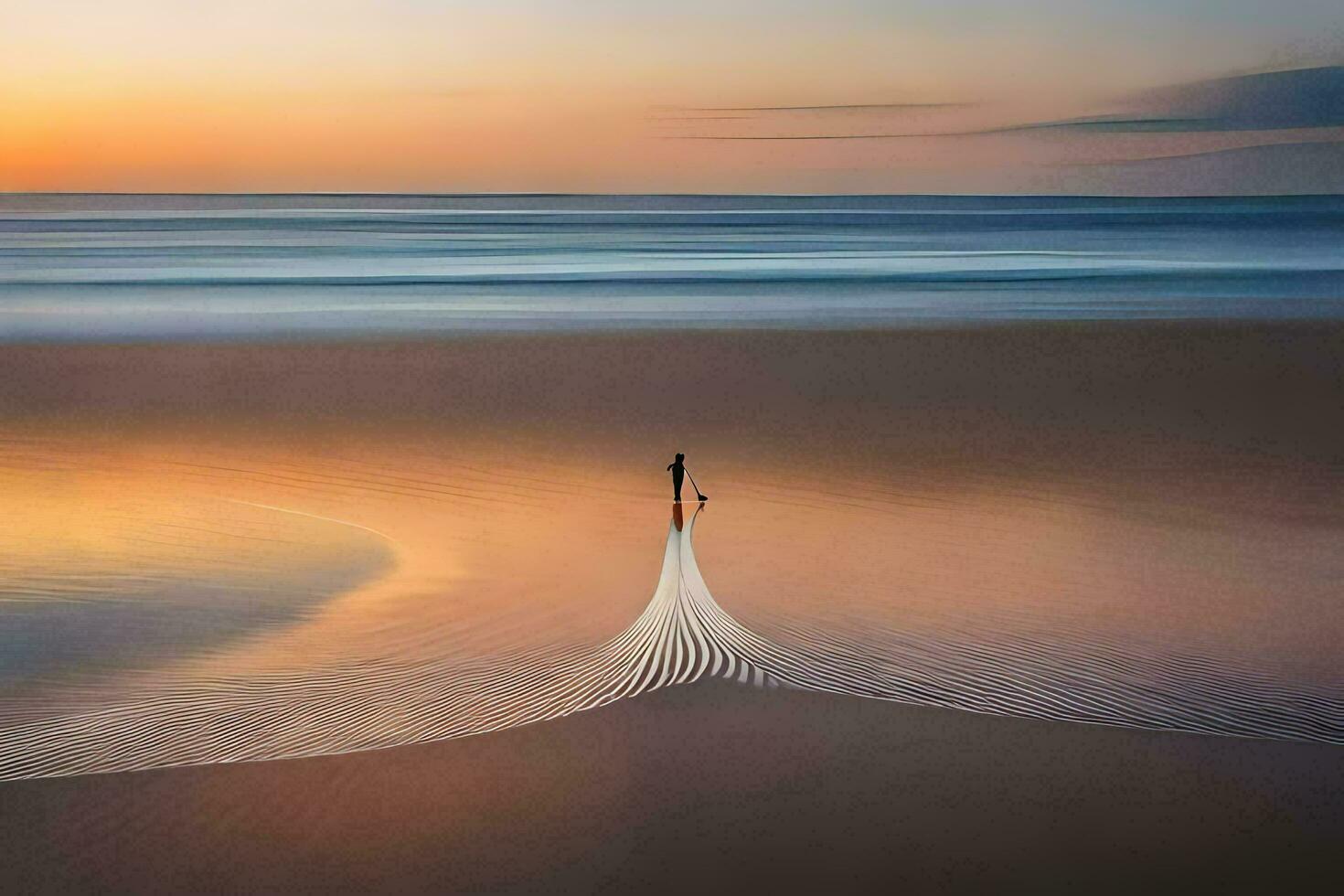 uma homem é caminhando em a de praia às pôr do sol. gerado por IA foto