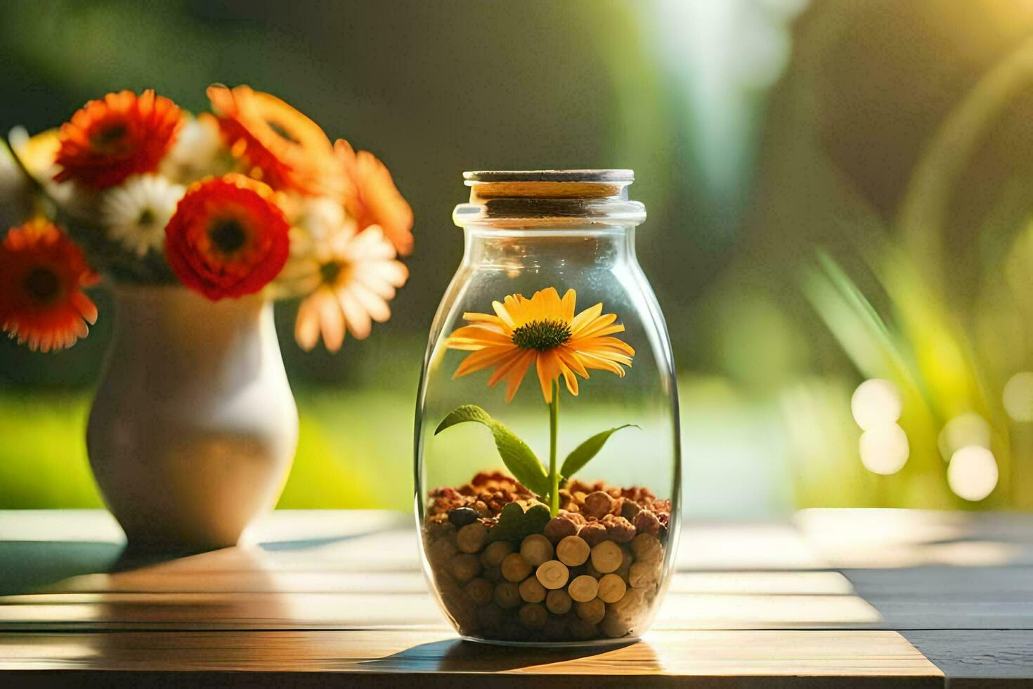 uma jarra com uma flor e uma vaso do flores em uma mesa. gerado por IA foto